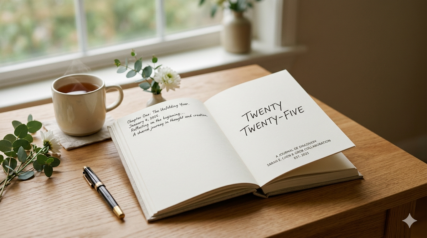 An open journal on a wooden desk beside a mug of tea, eucalyptus, and a fountain pen — titled Twenty Twenty-Five, a journal of discovery.